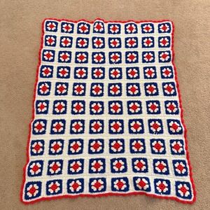 Handmade Granny Square Crochet Lap Blanket Throw Red White Blue Patriotic Afghan